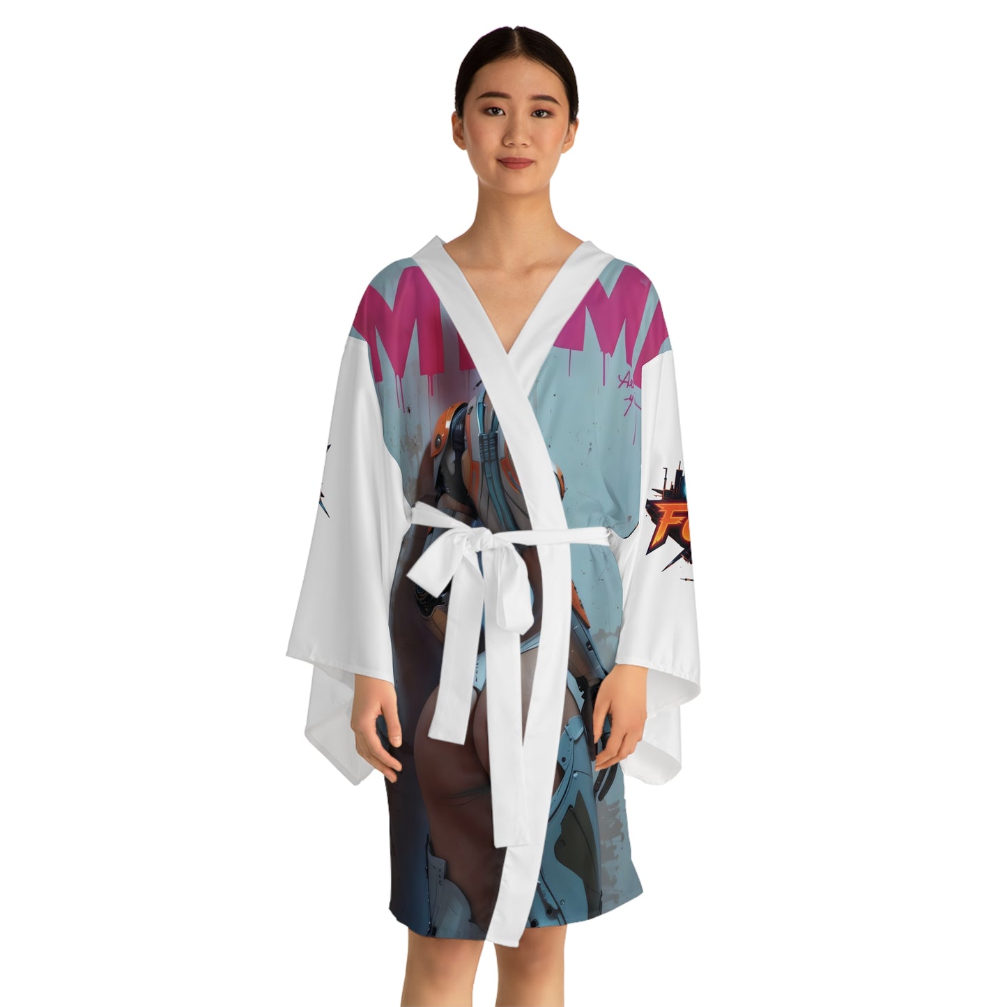 Futuristic Long Sleeve Kimono Robe with Bold Graphics