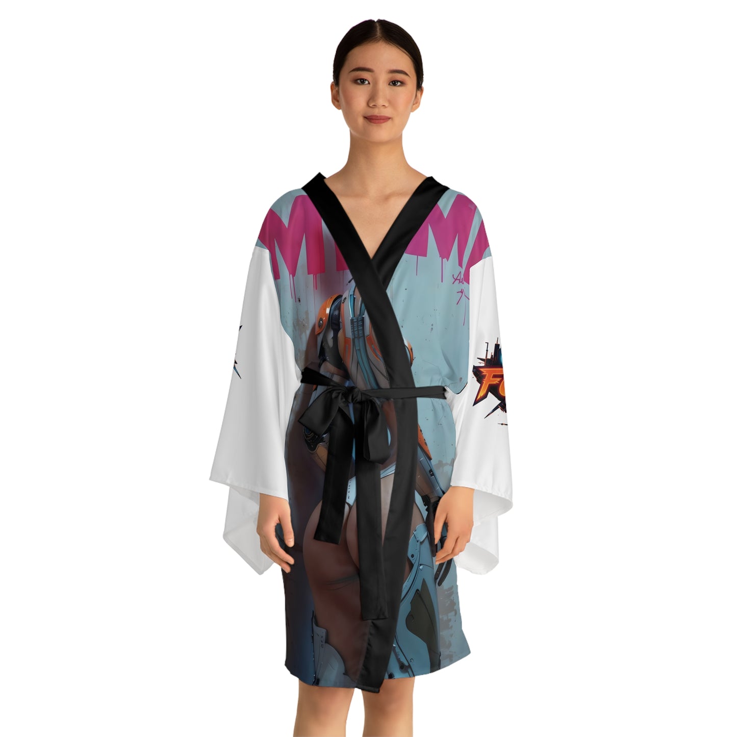 Futuristic Long Sleeve Kimono Robe with Bold Graphics