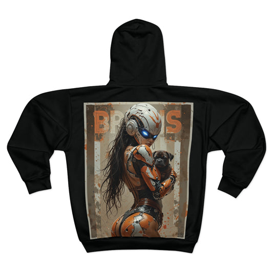 Futuristic Unisex Zip Hoodie with Robot and Dog Design